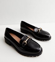 New Look Wide Fit Black Patent Metal Trim Chunky Loafers